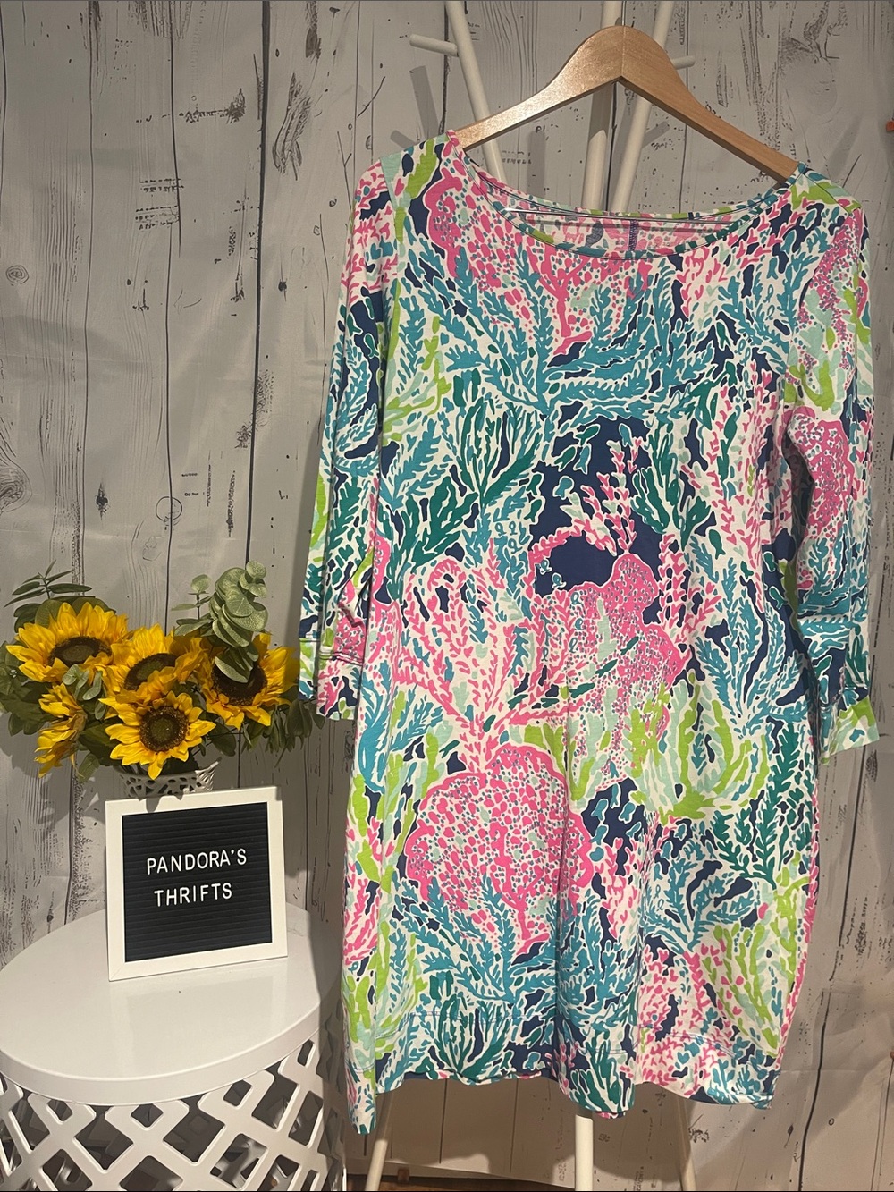 Lilly Pulitzer Pink, Teal & White Floral Dress Size L Preowned